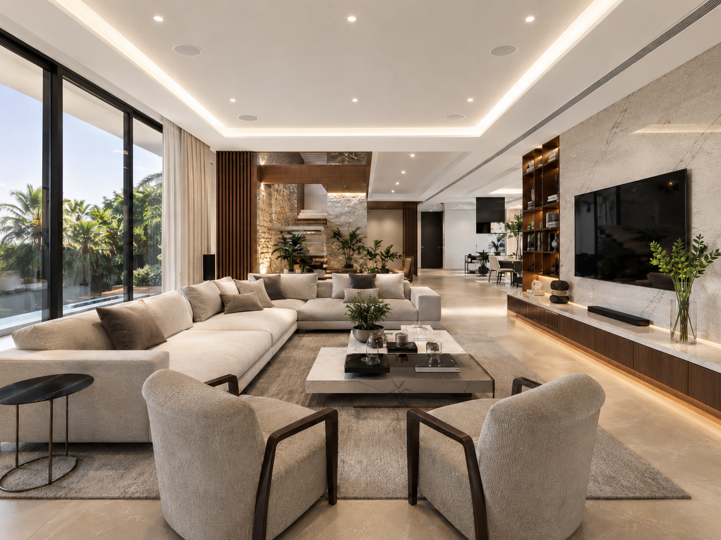 Sala residencial moderna com sistema de som ambiente para casa